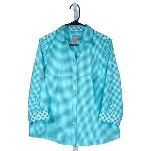 Chico's Women's Blouse Button Up Blue White Check Plaid Long Sleeve Top 2 L/12